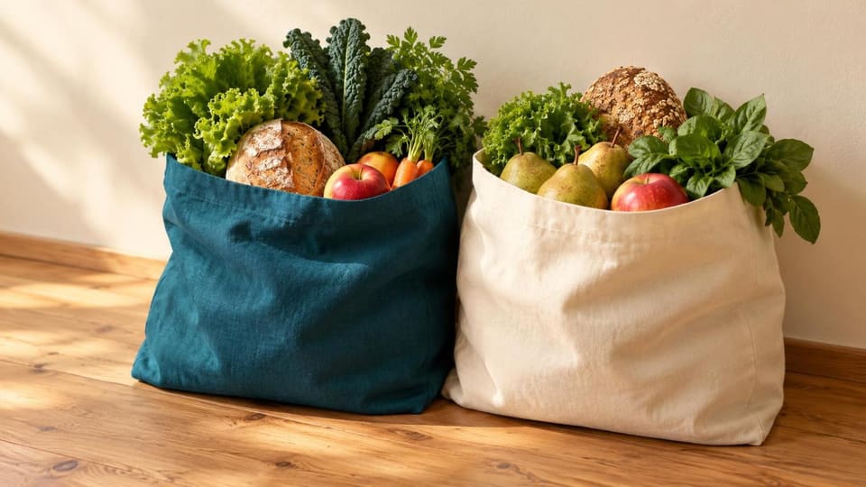 Zwei volle Einkaufstaschen mit frischem Gemüse, Brot und Obst stehen an einer hellen Wand