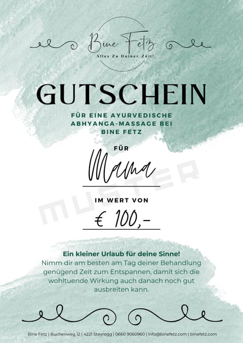 Gutscheinmuster für eine ayurvedische Abhyanga-Massage mit Wasserzeichen Muster