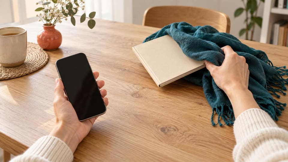 Eine Hand hält ein Smartphone, während die andere ein Notizbuch unter einem Schal hervorholt
