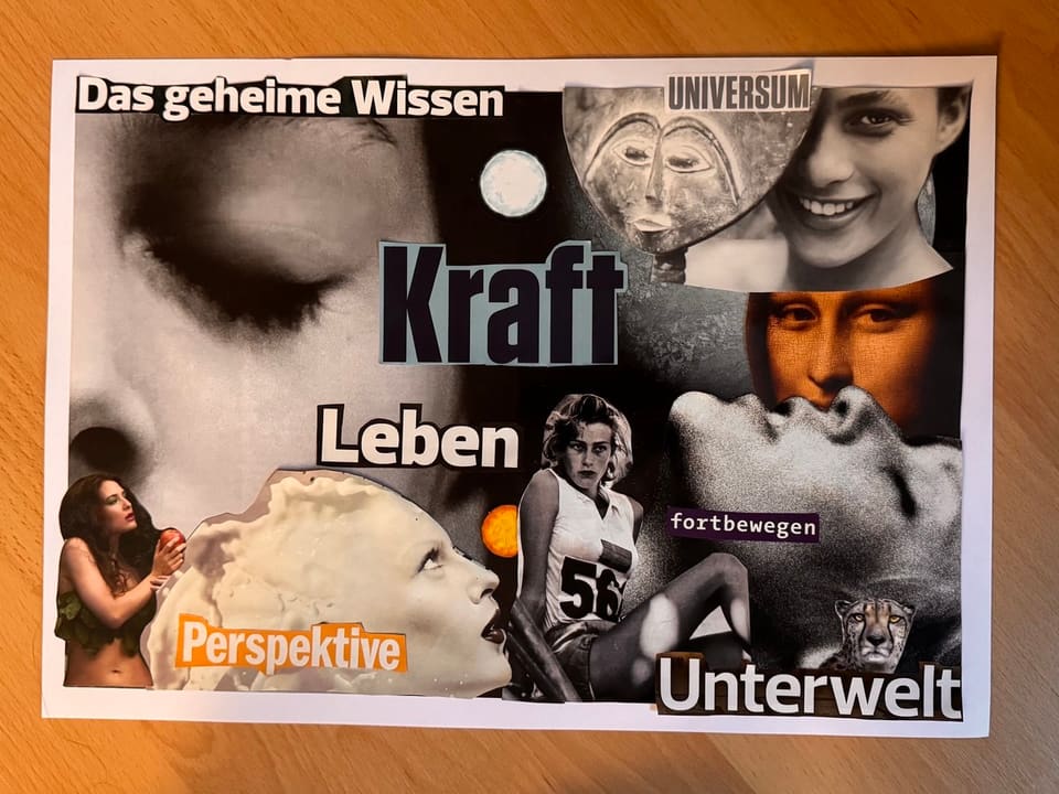 Eine persönliche Kraftcollage mit ausgeschnittenen Bildern und den Worten Kraft, Leben und Perspektive