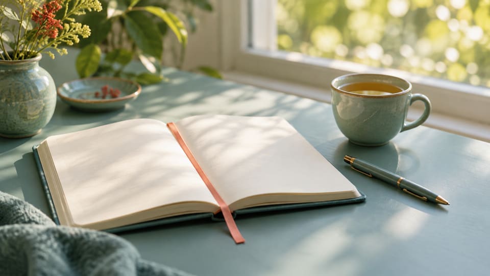 Ein offenes Notizbuch und ein Stift auf einem hellen, petrolfarbenen Tisch am Fenster