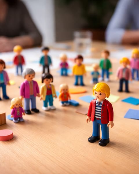 Spielfiguren stehen auf einem Tisch und veranschaulichen eine systemische Aufstellung